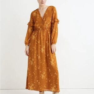 Madewell Ruffle Sleeve Midi Dress Size 4 Tonal Botanical Floral Yellow